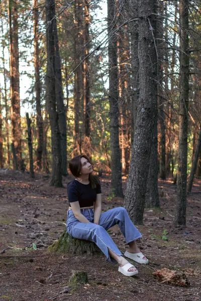 Ormandaki bir kütükte oturan genç bir kadın ağaçların arasından yukarıya bakıyor. Düşünce kavramı, doğa ile bağlantı, huzur ve açık hava yaşam tarzı..