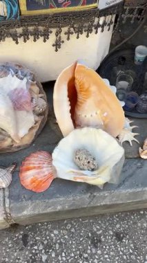 Kavala, Yunanistan: Değişik deniz kabuklarının (bazı ambalajlı) canlı görüntüsü ve çıkıntılı haçları olan dini simgeler, yaz seyahatlerini ve yerel kültürü anımsatıyor.