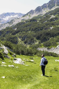 Bulgaristan 'ın verimli Pirin Ulusal Parkı çayırlarında sırt çantalı bir adam yürüyüş yapıyor. Görkemli tepeler ve yoğun ormanlar manzaranın tadını çıkarıyorlar..