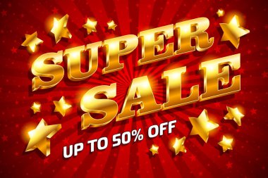 Özel teklif Süper indirim. Kırmızı arkaplanda 3B altın yazı