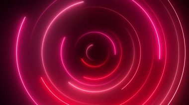 Neon halkaları kırmızı soyut arkaplan, ışık ışınları ve ışıltıyla daireler çizer. Kusursuz döngü deseni