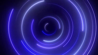 Neon halkaları mavi soyut arkaplan, ışık ışınları ve ışıltıyla daireler çizer. Görsel kusursuz döngü deseni