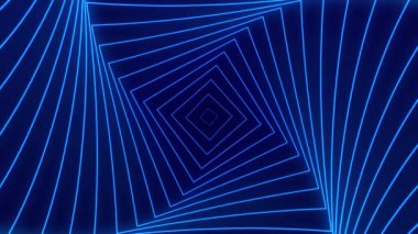 Fütüristik mavi neon tünel döngüsü kara zemin, dijital kare geometrik şekiller görsel ultraviyole floresan ışık