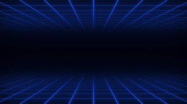 mavi neon ızgara Retro 80 'lerin tarzı animasyon tüneli, parlayan parlak çizgiler arka plan, görsel kusursuz döngü illüzyon alanı