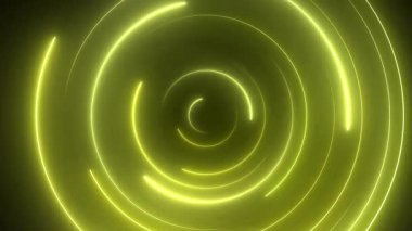 Neon halkaları soyut sarı arkaplan, ışık ışınları ve ışıltılarla dönen çember animasyonları. Minimalist kusursuz döngü deseni