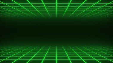 yeşil neon ızgarası Retro 80 'lerin stil animasyon tüneli, parlayan parlak çizgiler arkaplan, bileşiksiz döngü illüzyonu alanı