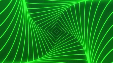 Gelecekçi yeşil neon tünel döngüsü çevrilebilir animasyon siyah arkaplan, dijital kare geometrik şekiller ultraviyole floresan ışık bileşimi
