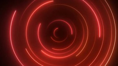 Neon halkaları turuncu soyut arka plan, ışık ışınları ve parıltılarla çember döndürme animasyonu. şablonsuz döngü deseni
