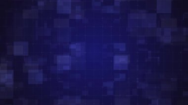 Siber güvenlik, engelleme zinciri ve gelişmiş bilgisayar ortamları için dinamik piksel blokları içeren yüksek teknolojili koyu mavi arkaplan animasyonu