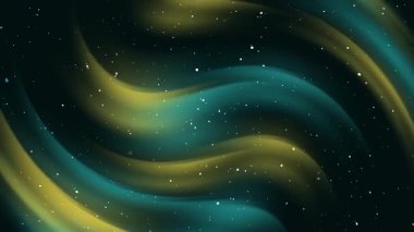Lüks beyaz parçacık ışık çizgilerine sahip zarif turkuaz uzay arkaplanı, sarı dalga çizgisi mermer dokusu soyut gradyan 4K kusursuz döngü animasyonu