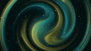 Lükslü beyaz parçacık ışık çizgileriyle koyu turkuaz uzay arkaplanı, sarı girdaplı soyut 4K kusursuz döngü animasyonu