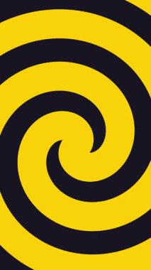 Siyah arkaplanda sarı spiral arka plan dairesel hareketli eşmerkezli halkalar optik tünel yanılsaması yaratır, animasyon spiral döngü, radyal hipnotik 3D, soyut, illüzyon kavramları, dikey video