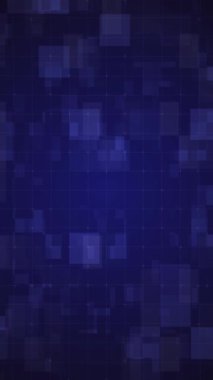 Siber güvenlik, engelleme zinciri ve ileri bilgisayar ortamları için dinamik piksel blokları içeren yüksek teknolojili koyu mavi arkaplan animasyonu