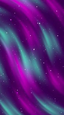 Lüks beyaz parçacık ışık çizgilerine sahip neon mor yeşil alan arkaplanı, dalga çizgisi soyut dikey dikey 4K dikey hareketsiz döngü animasyonu