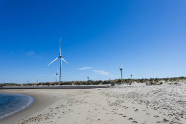 Güneşli bir yaz gününde kumsalda yel değirmeni ve yel değirmeni