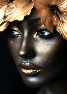 Altın çiçekli siyah ve altın renkli kadın. Güzellik ve moda. Makyaj ve saç stili, sanat, makyaj. lüks ve moda sanatı.