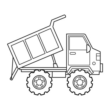 Çöp Kamyonu Taslağı. Bu bir siyah-beyaz vektör çizimi bir çöp kamyonunun yan görüntüsü. Kamyonun dikdörtgen panelleri olan büyük, yükseltilmiş bir kargo yatağı var, sanki boşaltıyormuş gibi yukarı doğru eğilmiş.. 