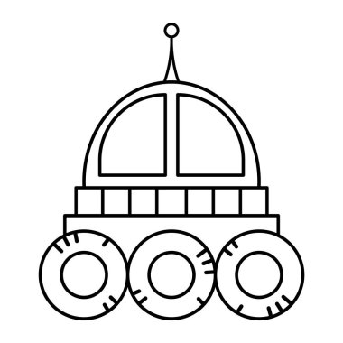 Basit Uzay Aracı Taslağı. Bu, minimalist tasarımı olan bir uzay aracının siyah-beyaz çizimi. Gezgin her tekerleğin etrafında dairesel detayları olan üç büyük tekerleğe sahiptir..