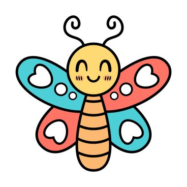 Kalp Şekilli Kelebek Gülümseyen Çizgi Roman. Bu neşeli bir ifadeye sahip bir kelebeğin şirin, renkli bir temsili çizimi. Kelebeğin kapalı, gülümseyen gözleri ve yanaklarında kızarıklık izleri olan yuvarlak sarı bir yüzü vardır..