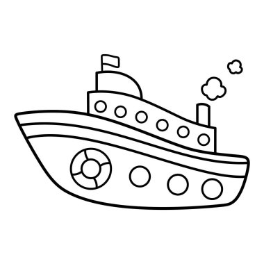 Çizgi film Gemisi Taslak Vektör İllüstrasyonu. Bu bir karikatür gemisinin siyah-beyaz, ana hatlı vektör çizimi. Geminin yuvarlak bir gövdesi ve yan tarafında dairesel delikler var..