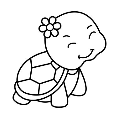 Smiling Turtle with a Flower Outline. The image is a black and white outline drawing of a cheerful turtle. The turtle has a large, smiling head adorned with a flower on the side. clipart