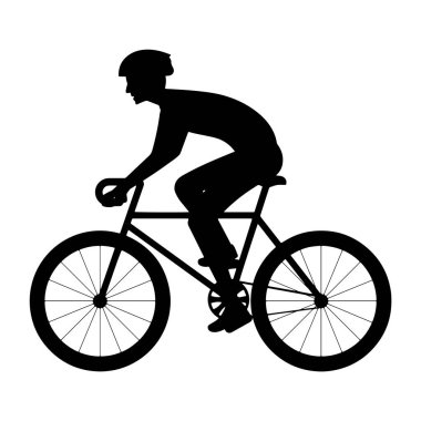 Bisiklete binen bir bisikletçinin silueti. Bu siyah siluet, bisiklet süren bir kişiyi tasvir ediyor. Bisikletçi profil olarak öne doğru eğiliyor..