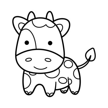 Cartoon Cow Outline Vector Illustration. This is a delightful black-and-white line art illustration of a cute, cartoon-style cow. The cow has a round face with large eyes and a gentle smile. clipart