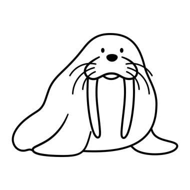 Mors Vektörü Tasviri. Bu bir deniz aygırının basit bir siyah beyaz çizgisi çizimi. Deniz aygırı büyük, yuvarlak bir gövdeyle tasvir edilir. Ağzından uzun dişler çıkar..