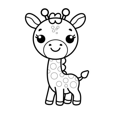 Benekli Zürafa Çizgisi. Bu, tatlı ve dostane bir ifadeye sahip şirin bir zürafanın siyah beyaz çizgisi..