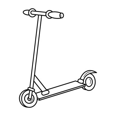 Scooter Taslak Vektör Resmini Tekmele. Görüntü, bir scooter 'ın siyah beyaz çizimi. Mobilette iki tekerlek, düz bir güverte ve T şeklinde bir gidon var..