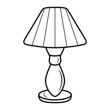 Masa Lambası Taslak Vektör Çizimi. Görüntü bir masa lambasının siyah beyaz ana hatlarıyla çizilmiş hali. Lamba, dikey panelleri olan geniş, parlak bir abajur içerir..
