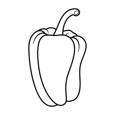 Bell Pepper Taslak Vektör İllüstrasyonu. Bir dolma biberin siyah beyaz vektör çizimi. Resim üzerinde kavisli bir sapı olan tek bir biberi gösteriyor, basit bir taslak biçiminde çizilmiş.. 