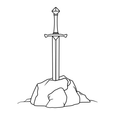 Taş Taslak Vektör İllüstrasyonunda Kılıç. Bu siyah ve beyaz vektör çizimi bir kayaya gömülü efsanevi bir kılıcı tasvir ediyor..