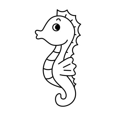 Seahorse Outline Vector Illustration. This image depicts a black and white vector illustration of a seahorse. The seahorse has a cartoonish and friendly appearance with a rounded head. clipart