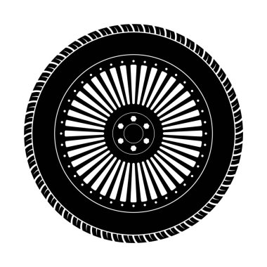 Tire with Detailed Rim Vector Illustration. This is a black and white vector illustration of a tire with a detailed rim design. The outer circle represents the textured tire tread with curved grooves. clipart