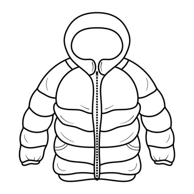 Başlıklı Vektör İllüstrasyonlu Kış Ceketi. Bu resimde, temiz ve minimalist siyah beyaz çizgili bir kış kapüşonlu ceket çizimi yer almaktadır..