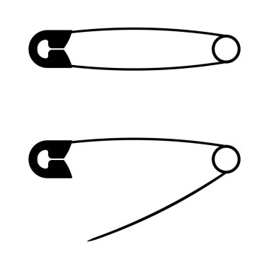 Safety Pin Siluet Vektör İllüstrasyonu. İki çengelli iğnenin siyah beyaz vektör çizimi. Bir iğne kapalı bir konumda gösterilirken, diğeri açık.