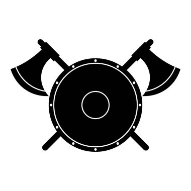 Çapraz Savaş Baltaları Siluet Vektörü ile Yuvarlak Kalkan. Merkezinde iki simetrik savaş baltasıyla kesişen basit dairesel desenli yuvarlak bir kalkanın siyah silueti..