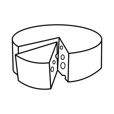 Peynir Tekerleği ve Takoz Kesme Vektörü. Bu vektör çizimi, yuvarlak bir peynir çarkının üçgen bir takozu çıkarılmış basit ve temiz bir taslağını resmeder..