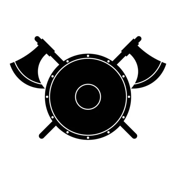Çapraz Savaş Baltaları Siluet Vektörü ile Yuvarlak Kalkan. Merkezinde iki simetrik savaş baltasıyla kesişen basit dairesel desenli yuvarlak bir kalkanın siyah silueti..