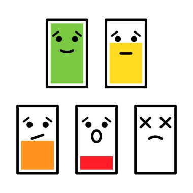 Batarya Seviyeleri ve Yüz İfade Vektörü İllüstrasyonu. Değişen yük seviyelerine sahip beş batarya simgesini temsil eden bir vektör çizimi, her biri karşılıklı bir yüz ifadesi ile eşleştirilmiştir.