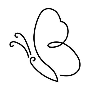 Soyut Kelebek Ana Hattı Vektör İllüstrasyonu. Bu resim, beyaz arka planda sürekli siyah çizgiler kullanan bir kelebeğin minimalist ve soyut bir tasvirini gösteriyor..