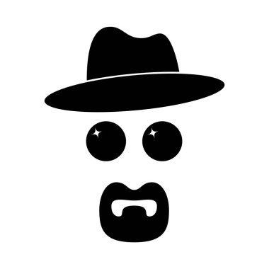 Şapka Silueti Vektör İllüstrasyonlu Gizemli Karakter. Karakter geniş kenarlı bir şapka, kıvrımlı bir siluet, parlak gözler ve şaşırtıcı bir ağız veya merak ifade eder..