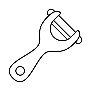 Sebze Soyucu Taslak Vektör İllüstrasyonu. Soyucunun kavisli ergonomik sapı ve meyve ve sebze soymak için tasarlanmış yatay bir bıçak tutan Y şeklinde bir yapısı var..