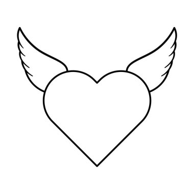 Melek Kanatları Vektör İllüstrasyonlu Kalp. Kalp merkezli ve çizgili, simetrik olarak dışa doğru uzanan tüylü kanatlarla çevrili..