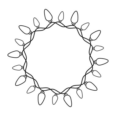 Yaylı Tel Hafif Çelenk Taslak Vektör Resimleri. Ampuller çemberin etrafında eşit aralıklarla birbirine dolanarak simetrik ve şenlikli bir tasarım oluştururlar..