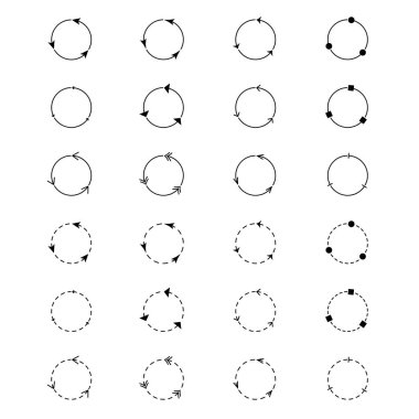 Dairesel Ok Vektör Resmini Ayarla. Her satır, katı ve kesik daireler, farklı stil ve yönlerdeki oklar dahil olmak üzere dairesel tasarımların varyasyonlarını içerir..
