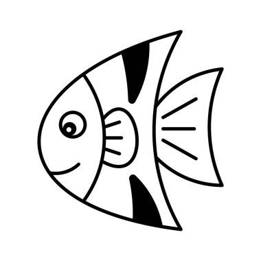 Gülümseyen Balık Özeti Vektör İllüstrasyonu. Gülümseyen bir balığın siyah beyaz çizgisi. Balığın kalın çizgileri ve geniş üçgen kuyruğu olan yuvarlak bir gövdesi vardır..