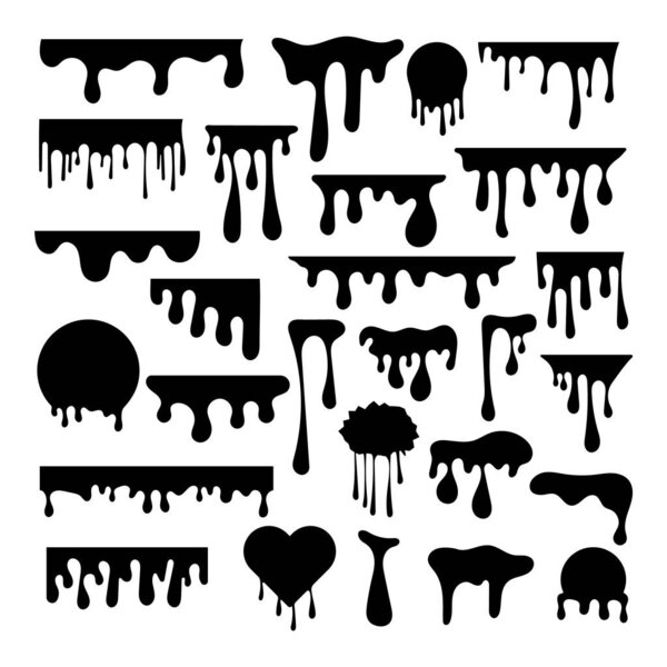 Set of Melting Drips Vector Illustration. This vector illustration features a diverse collection of melting drip designs in a solid black silhouette style. The drips vary in shape and size, showcasing both horizontal and vertical patterns.