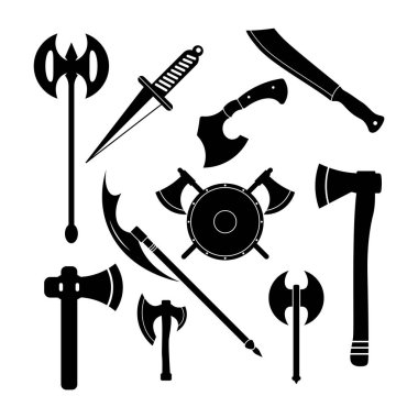 Set of Medieval Weapons Silhouettes Vector Illustration. The set includes various axes, a dagger, a machete, a spear, and a circular shield crossed with two battle axes.  clipart